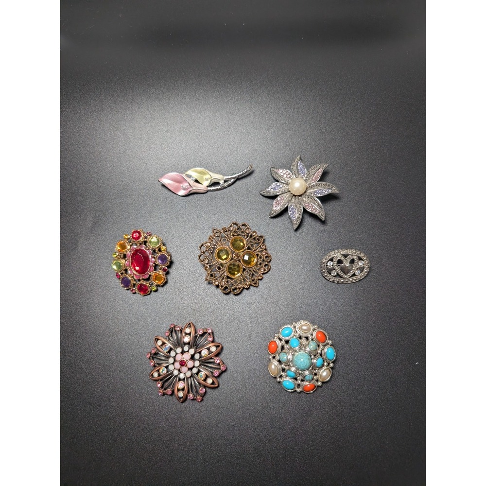 Premier Designs Brooch Pin Lot Set of 7 Rhinestone Floral Faux Pearl